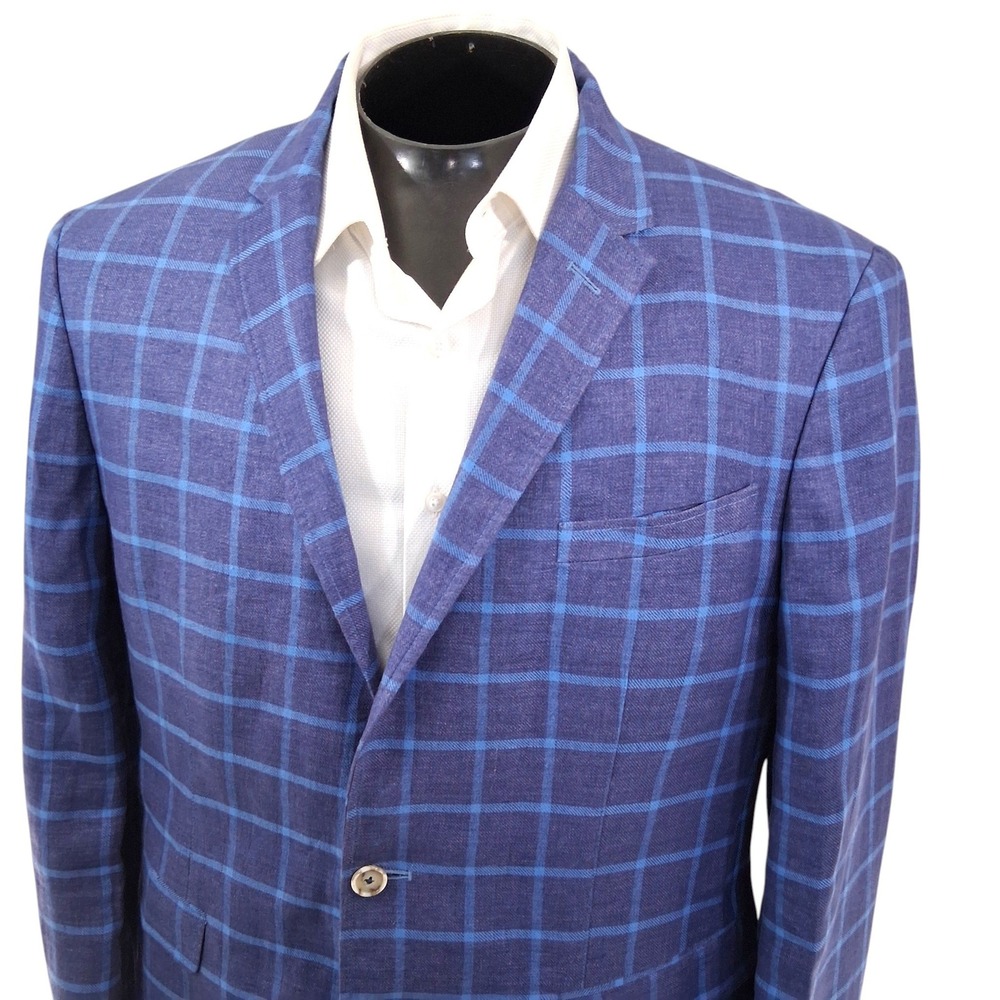 Sand Copenhagen Blazer 42R / 54EU Blue Windowpane Sherman 100% Linen Sport Coat
